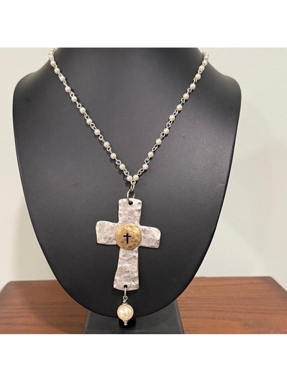 Hammered metal two tone Cross Pendant and faux pearl chain necklace